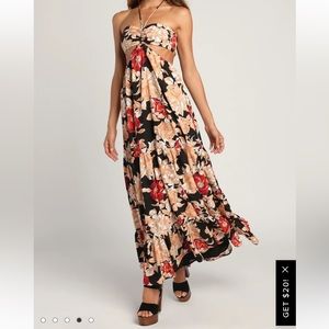 Black flower print cutout halter maxi dress